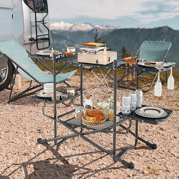 Goplus Camping Cooking Table, Outdoor Grill Table, Folding Camp Kitchen with Aluminum Tabletop, 4 Side Tables, Storage Rack, Portable Cook Station Prep Table for Outside Picnic BBQ RV Tailgate