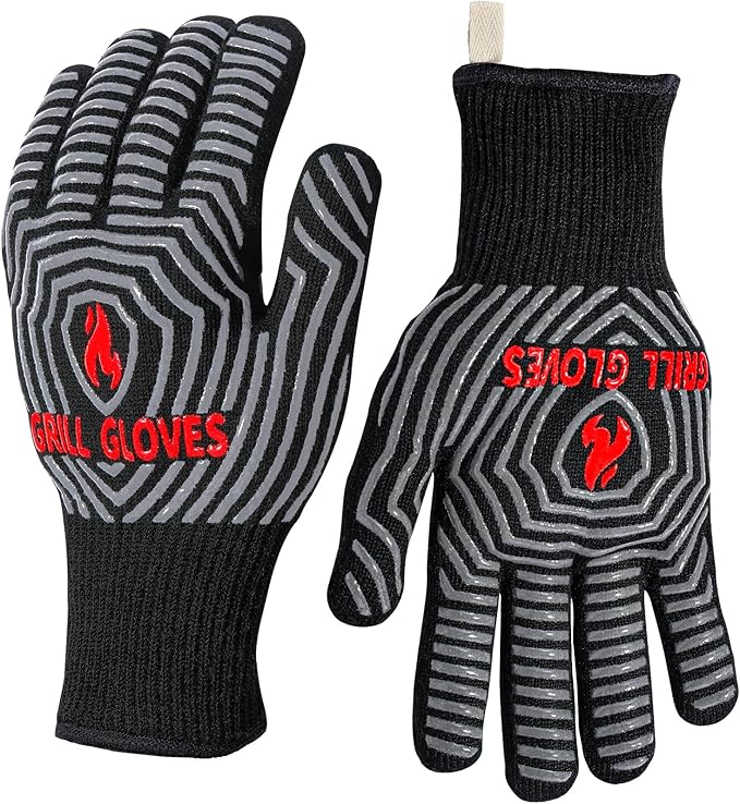 QUWIN BBQ Gloves, Oven Gloves, 1472℉ Extreme Heat Resistant,Grilling Gloves Silicone Non-Slip Oven Mitts, Kitchen Gloves for BBQ, Grilling, Cooking, Baking-1 Pair… (Black, One Size Fits Most)