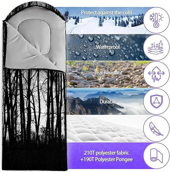 Sleeping Bags for Adults and Kids，3D Printing Camping Sleeping Bag for Girls Boys Lightweight Waterproof Cold/Warm 3-Season，Outdoor Travel with Compression Bags