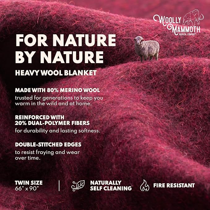 Woolly Mammoth Woolen Company Outdoor Merino Wool Throw Blanket - 66 x 90 in, Large, Burgundy - Heavy Thermal Camping Blankets - Breathable Wool Throw