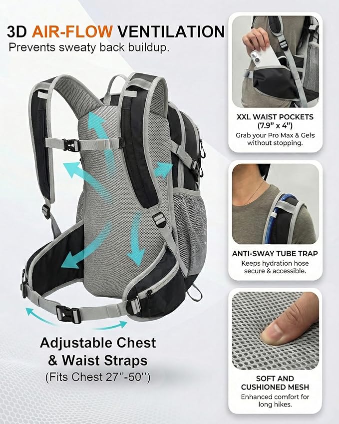 Hydration Backpack with 2L Bladder – Thermal Insulated Water Pack for Hiking, Skiing, Running – Lightweight Daypack for Men & Women, Soft-Lined Sunglasses Pocket & Large Waist Pockets