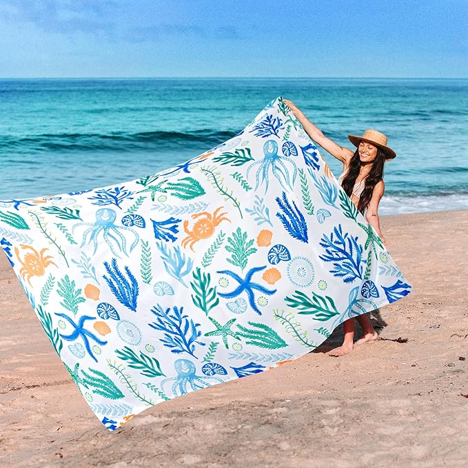 Beach Blanket, Waterproof Sandproof Beach Mat with 4 Stakes & 4 Pockets, 78''×86'' Large Compact Lightweight Sand Free Outdoor Essentials for Beach, Picnic, Travel, Camping