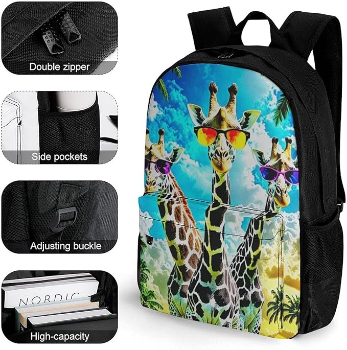 Polyester Daypack for Hiking Work Running, Big Capacity Anti-Theft Multipurpose Shoulder Bag, Crazy Cool Giraffe Travel and Sport Backpack Rucksack
