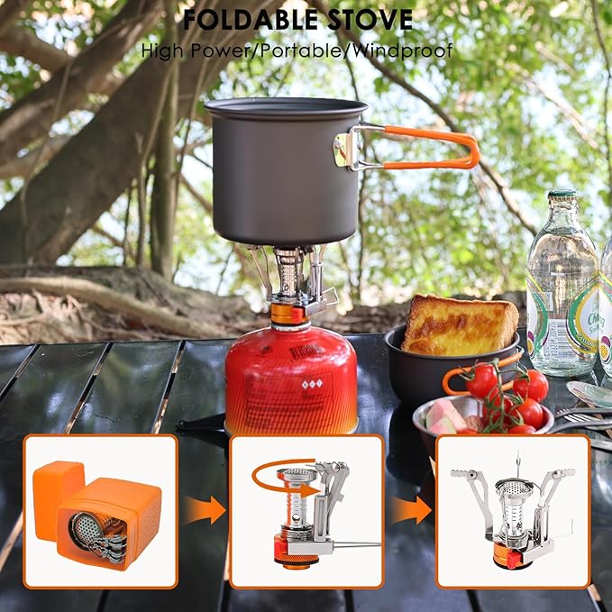 Camping Cookware Mess Kit, Non-Stick Lightweight Camping Pots and Pans with Kettle, Stainless Steel Cups Plates Forks Knives Spoons for Backpacking, Hiking, Outdoor Cooking