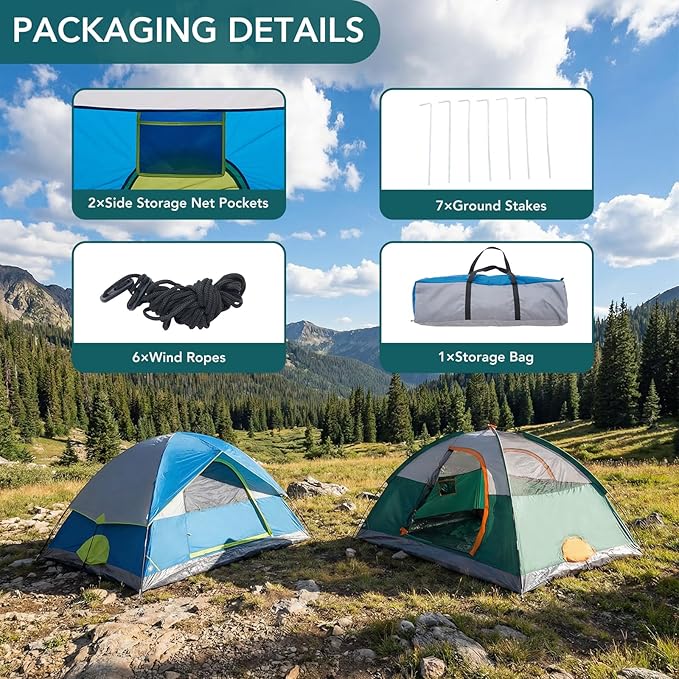 OLIXIS Camping Tent 2/4 Person, Waterproof Windproof Dome Tent with Multi-Directional Ventilation, Quick 5 Min Setup for Family Outdoor, Backpacking, Hiking