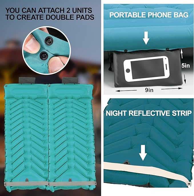 Double Sleeping Pad with Pillow, Self Inflating Extra-Thick, Ultralight Sleeping Mat, Built-in Pump, Ultimate for Camping, Hiking, Traveling, Airpad, Carry Bag, Compact & Lightweight Air Mattress