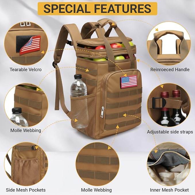 Tactical Backpack Cooler,Large Cooler Backpack Lunch Box for Men Adults Work with Handle,Insulated Soft Thermal Bag