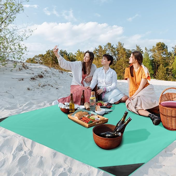 Odoland Pocket Blanket Picnic Blanket, 71" x 63" SandProof Waterproof Outdoor Beach Blanket with Portable Bag, Foldable Lightweight Sand Free Quick Drying Mat for Hiking Camping Travel, Light Green