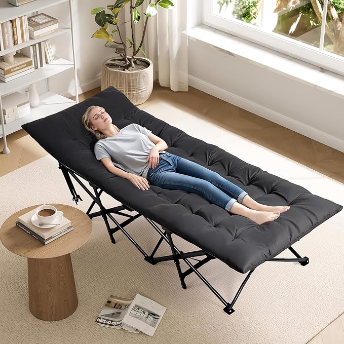 VINGLI Folding Camping Cot Bed,Camping Cots for Adults with Mattress, Cots for Sleeping with Pillow 1200D Layer Oxford for for Guest-Black 1P