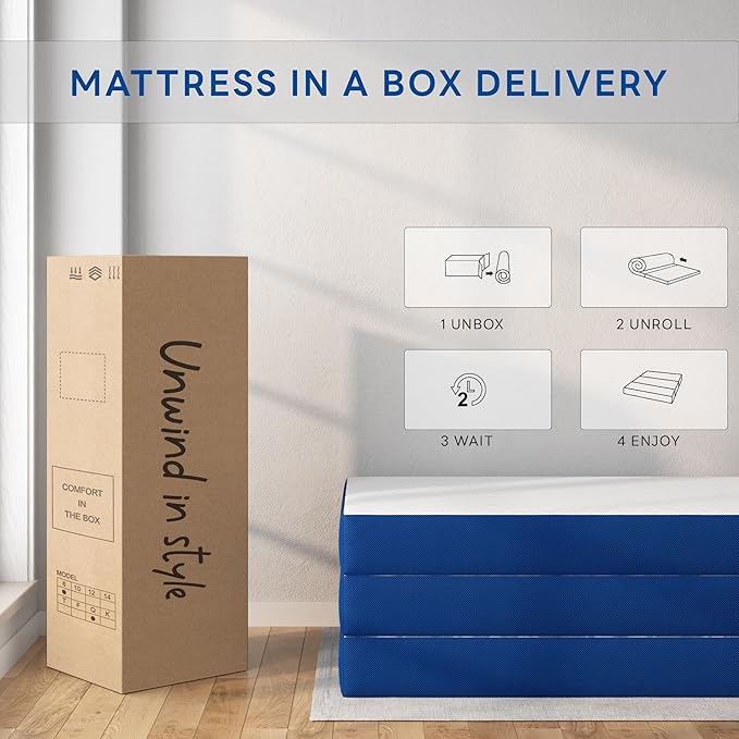 6 Inch Gel Memory Foam Mattress Queen Size, Portable Tri-Folding Mattress with Washable Cover, for Guest Bed, Camping, Travel, Dormitory, White & Blue