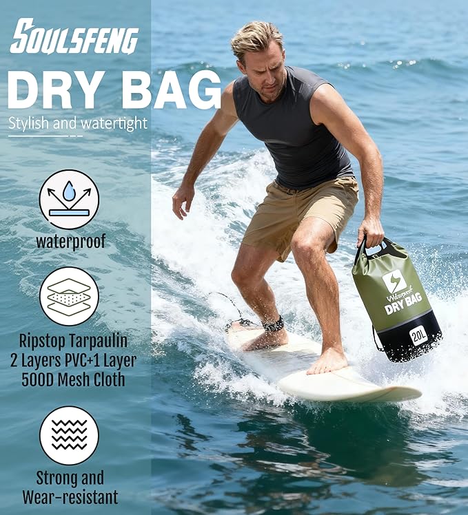 Soulsfeng Waterproof Dry Bag Roll Top Lightweight Dry Backpack for Boating, Kayaking, Travel, Beach, Swimming, Hiking & Camping - Floating Dry Sack with Adjustable Shoulder Straps 20L