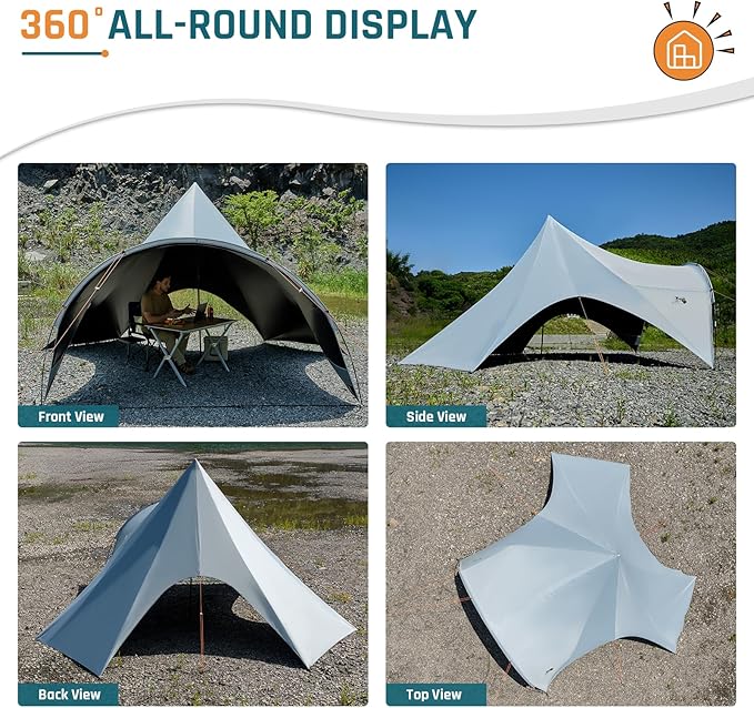Large Blackout Camping Tarp with Poles Waterproof Shade Canopy Tent Tarp Sun Shade Shelter for Outdoor Camping Backyard Picnic - Included Guy Lines & Luminous Tent Stakes, Gray