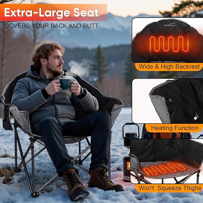 Colorsoul Oversized Heated Camping Chairs Heavy Duty, Fully Thick Padded Heated Chairs for Outdoor Sports, Heated Folding Chair for Adults Support 450lbs, 3 Heat Levels, Battery NOT Included