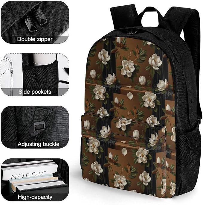 Daypack Backpack Anti-Theft Multipurpose Big Capacity Bookbag, Giant Magnolias Flowers Painting Business Computer Bag With Side Pockets