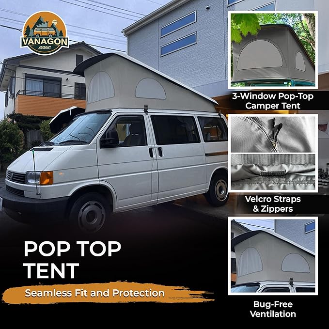 Roof Top Tent Camping 3 Window Roof Tent Pop Top Camper Light Grey Canvas Compatible with VW T4 Eurovan Weekender Short Wheel Based SWB Camper - Grey Mosquito Net, 2 Person Rooftop Tents
