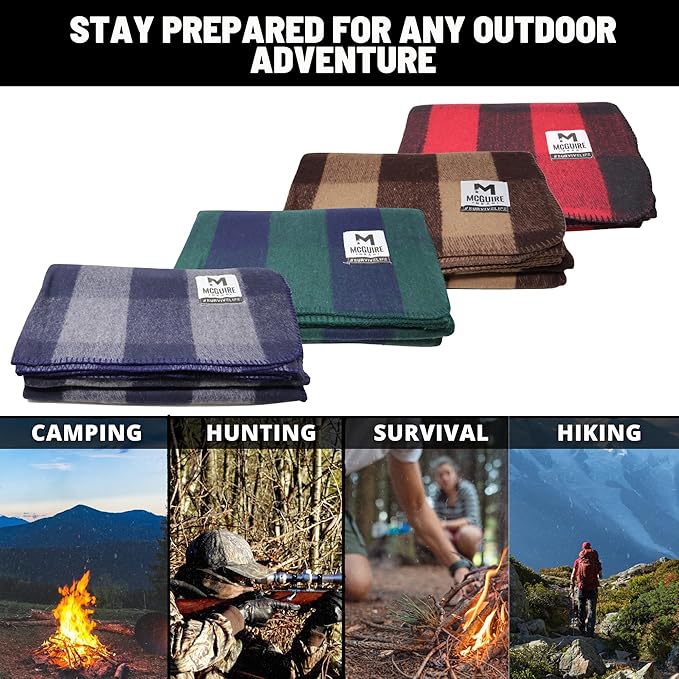 M MCGUIRE GEAR Warm Wool Bunkhouse Plaid Blanket for Camping, Home, Survival, or First-Aid, 64" x 90" (Red/Black)
