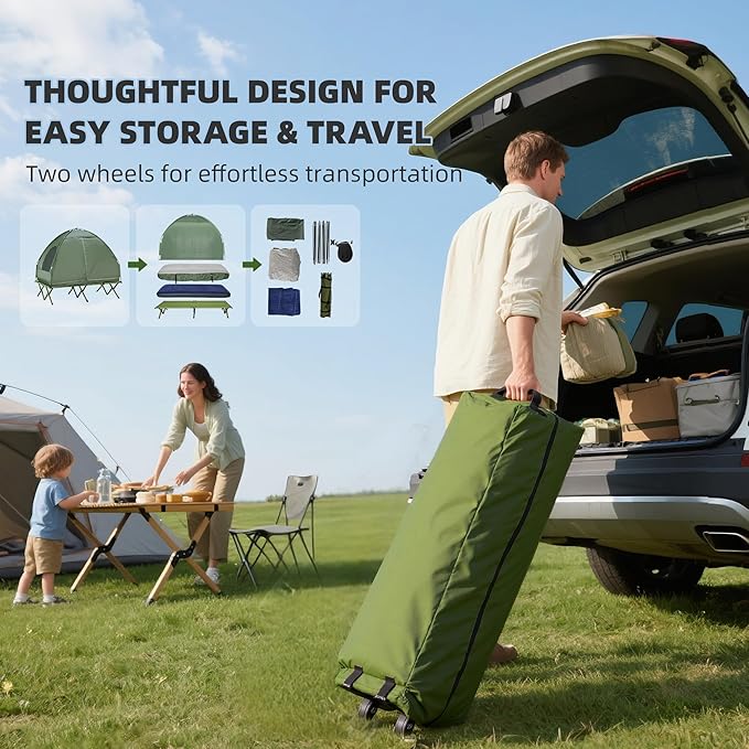 Outsunny Camping Tent Cot, Folding Tent Cot Combo with Mattress, Pillow, Sleeping Bag, Roller Carrying Bag, Off Ground Travel Camp Cot for Hiking, Backpacking