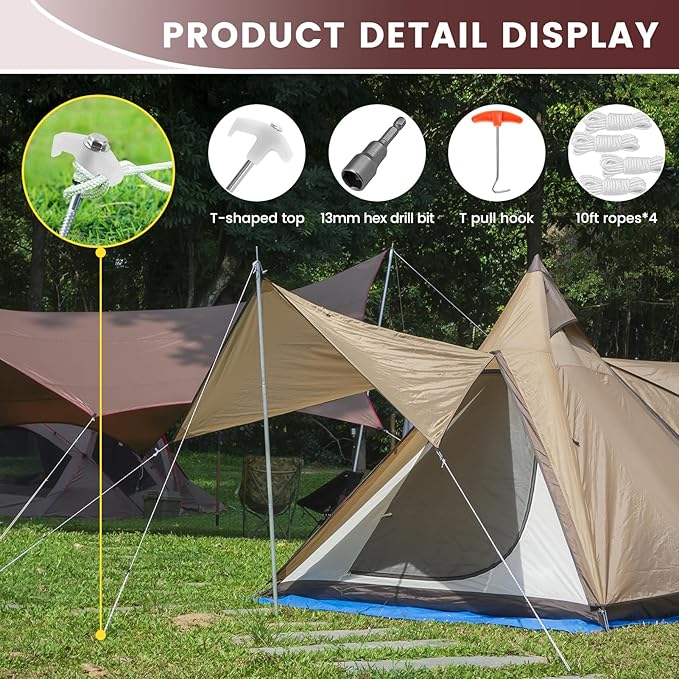 12 Pack Tent Stakes, 8" Ground Anchors Screw Drill in Heavy Duty Ground Pegs Camping Stakes Tent Pegs with Hex Head Driver, Spikes Puller, 4x10ft Rope and Storage Box