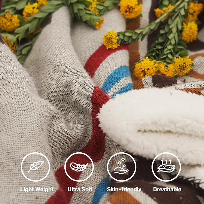 Aztec Throw Blanket with Soft Sherpa Lining, Traditional Southwestern Navajo Tribal Style Warm Throw for Camping, Outdoor, Cozy Boho Blanket for Couch, Sofa, Bed, 60"x80", Stripe Red