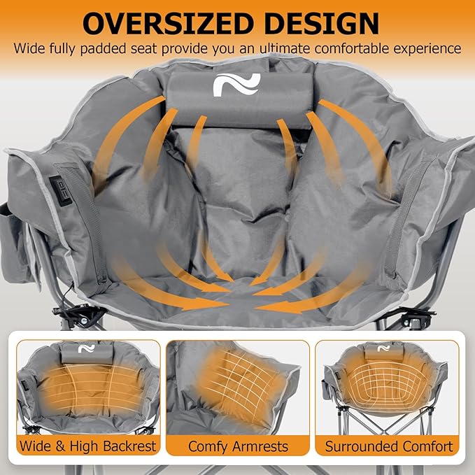 LILYPELLE Oversized Heated Camping Chair, Patio Lounge Chairs with 3 Heat Levels, Portable Folding Heated Chair Round Moon Saucer Folding Lawn Chair Outdoor Chair for Camping, Lounge Patio