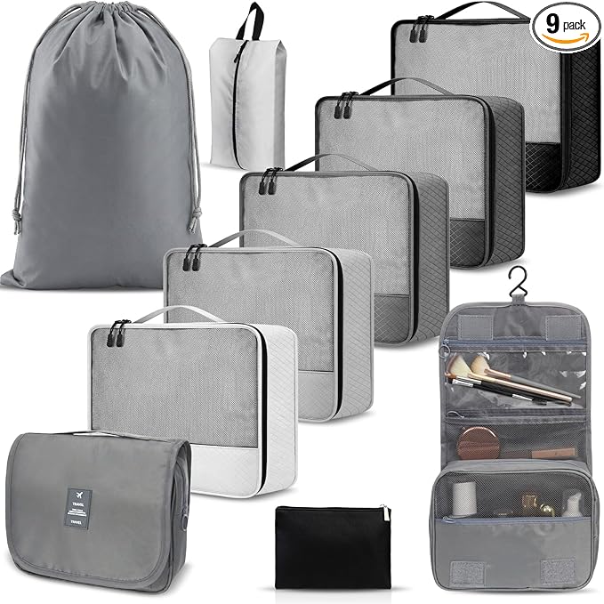 9 Pcs Packing Cubes Set for Travel with Waterproof Clothing Cubes Toiletry Shoe Laundry Jewelry Bag for Women Men(Light Gray)