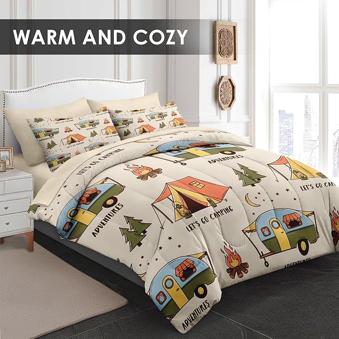 Comforter Set King Size, Summer Camp RV 7 Pcs Bedding for Kids and Adults, Camping Adventure Bed Sheet Sets with Fitted Sheet 2 Pillowcases & 2 Shams for Bedroom Bed Decor
