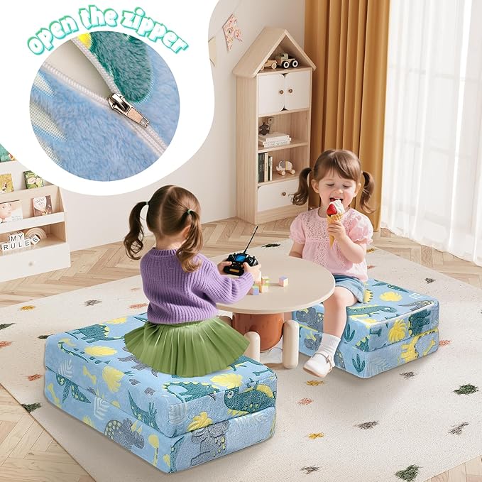MeMoreCool Foldable Floor Mattress for Kids, Glow Dinosaur Trifold Mat, Kids Folding Mattress Portable Futon, Blue