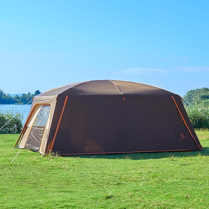 KTT Extra Large Tent 12-14 Person,Family Cabin Tents,2 Rooms,Straight Wall,2 Doors 4 Windows with Mesh,Waterproof,Straight Wall,Big Tent for Outdoor,Picnic,Camping,Gathering(Brown)