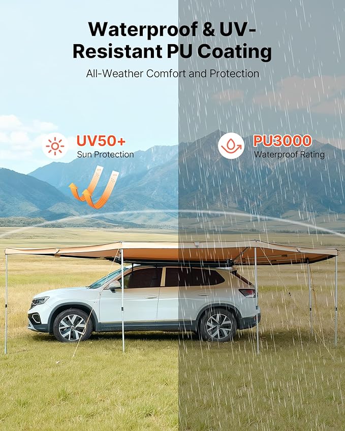 VEVOR 270 Degree Awning with Bulit-in LED Lights, 117 sq.ft Driver Side Vehicle Awning, Waterproof UV50+ Car Side Awnings, All-Weather Free-Standing Overland Awnings Car Shelter for SUV Truck Camping