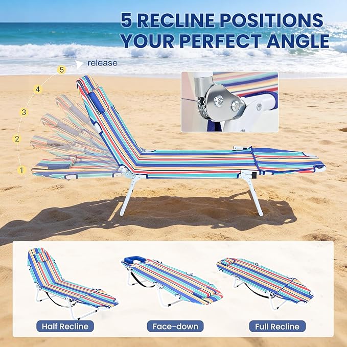 LILYPELLE Portable Folding Camping Cot, Adjustable 5-Position Face Down Folding Chaise Lounge Chairs, Outdoor Portable Folding Bed Sleeping Cot for Camping, Pool, Beach, Patio