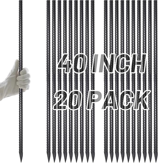 AAGUT 40" Rebar Stakes 20 pcs, Heavy Duty 1/2" Landscpe Timber Spikes Concrete Forming Stakes Straight Metal Garden Plant Stakes Anti Rust Black Coating