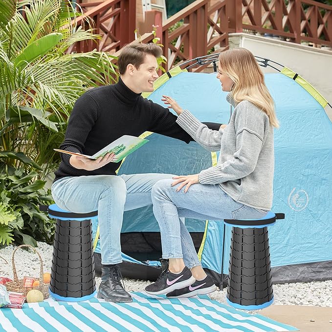 ALEVMOOM Camping Stool with Cushion,Portable Telescoping More Sturdy Capacity 440Ib,Retractable Collapsible Adjustable Folding Stool for Hiking Fishing Garden BBQ