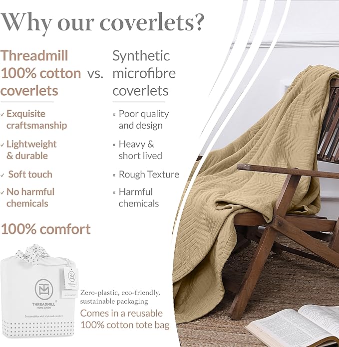 Threadmill Luxury Cotton Blankets for Twin Size Bed | All-Season 100% Cotton Twin Blanket for Bed | Aster Jacquard Lightweight, Soft & Cozy Coverlet, 350GSM, 68 x 90 inches | Beige