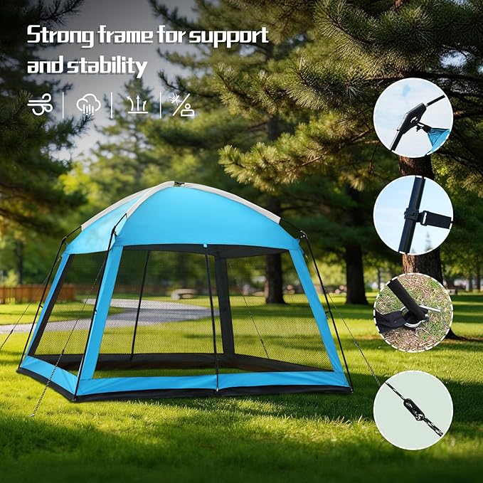 12 x 12 FT Camping Screen Tent for 8-10 Person, Easy Setup Screen House with UV 50+ Sun Protection & Mosquito Net for Camping, Backyard, Picnic, Patio Outdoor Blue