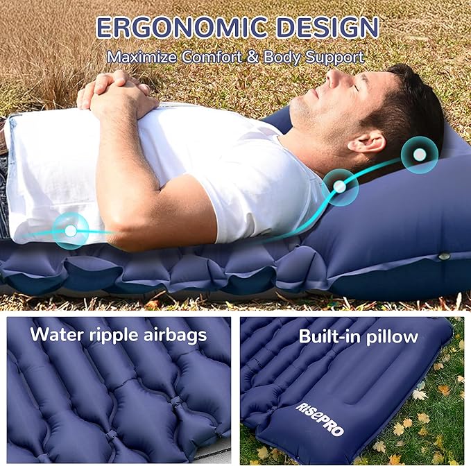 Camping Sleeping Pad Air Mattress - Inflatable Ultralight Ergonomic Design Compact Airpad Backpacking Hiking Outdoor Activities Navy Blue