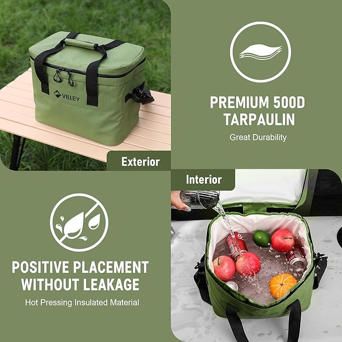 VILLEY Cooler Bag, 30 Cans Insulated Soft Cooler Bag, Large Beach Cooler with Removable Shoulder Strap, Keep Cold/Keep Fresh/Keep Warm, Portable Soft Sided Cooler for Camping Trip Picnic, 20L
