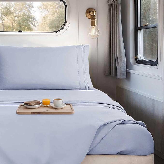 Hearth & Harbor Short Queen Sheets for RV, Ice Blue RV Queen Sheets, Silky Soft 1800 Microfiber Bed Sheet for Camper, 4 Piece RV Bedding with Pillowcases