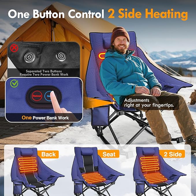 Slendor Heated Rocking Camping Chair with Padded & Pillow, 2000mAh Power Bank, 3 Adjustable Heat Settings, Oversized Camping Chair for Easy Setup and Foldable Storage, Blue