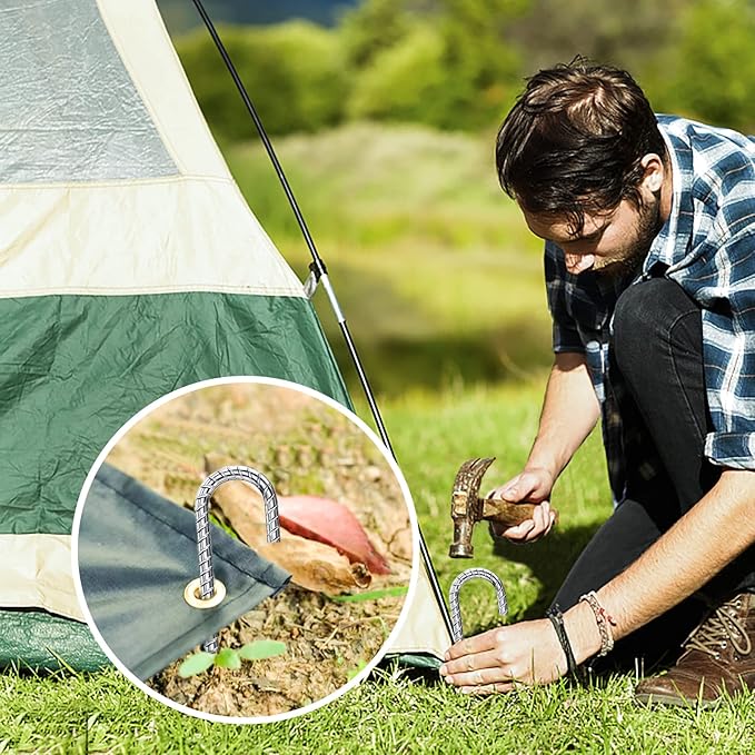 Rebar Stakes 12 Inch, Tent Stakes Heavy Duty Galvanized J Shaped 50 Pack Landscape Fabric Staples for Garden Weed Barrier Fabric Dog Fence Inflatable Camping Tents Artificial Turf