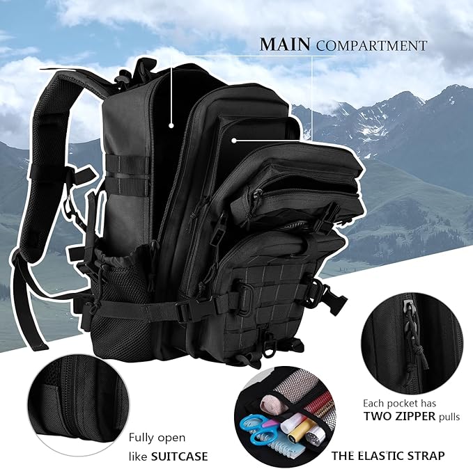30L MOLLE Assault Pack, Tactical Backpack Military Army Camping Rucksack with Bottle Holder, 3-Day Pack, Black