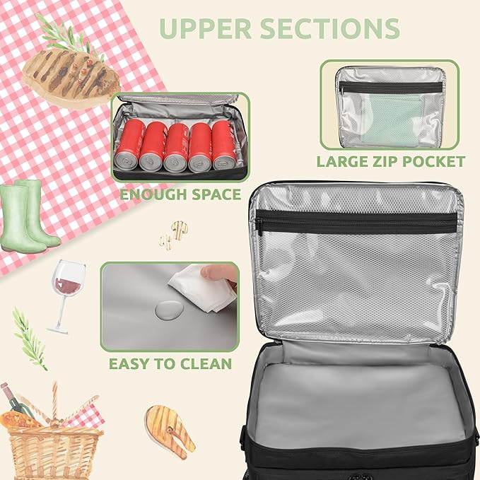31L Large Insulated Cooler Bag for Men or Women, Double Layer Soft Cooler Bag for Picnic, Camping, Beach, Travel, Food & Drinks, Black