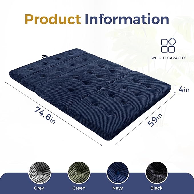 MAXYOYO Folding Mattress, 4 Inch Tufted Foldable Mattress Full Foam Bed, Tri-Fold Floor Couch with Handles Guest Bed Topper Portable Camping Mat with Corded Fabric, Queen Size, Navy