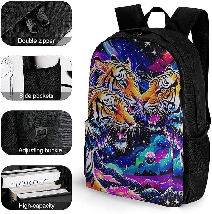 Supdreamc Rucksacks Polyester Anti-Theft Multipurpose Cool Tiger Universe Surreal Style Art Carry On Bag Large Capacity Gym Outdoor Hiking Backpack With Smooth Zippers