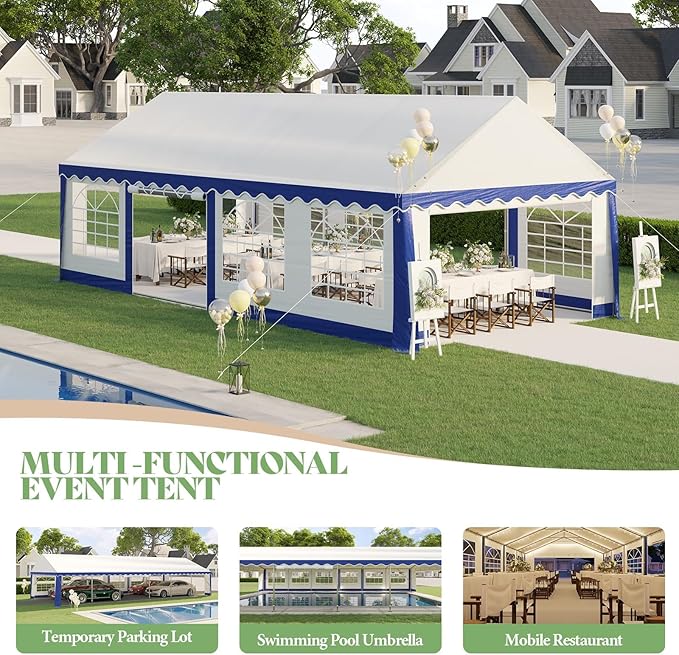 AMERLIFE 13 x 26 FT Party Tent with Rolled Sidewalls, Heavy Duty Wedding Tent for Party Outside with Zinc Alloy Tube & Spiral Stakes, Waterproof Event Shelters, White & Blue
