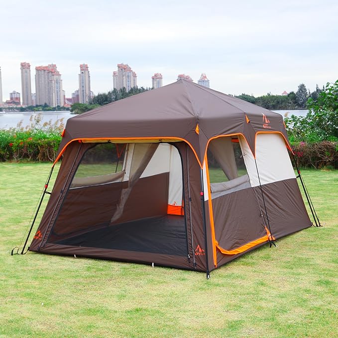 KTT Extra Large Tent 6-10-12-14 Person(B),Family Cabin Tents,2 Rooms,3 Doors and 3 Windows with Mesh,Straight Wall,Waterproof,Double Layer,Big Tent for Outdoor,Picnic,Camping,Family Gathering