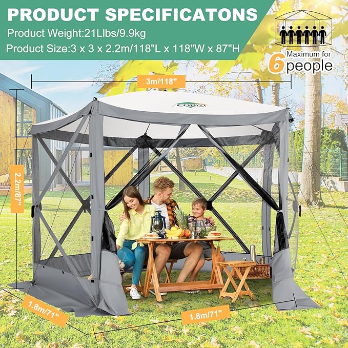 COBIZI 10x10 FT Pop up Gazebo, Popup Canopy Tent,Instant Screened in Gazebos, Waterproof Portable Outdoor Small Screen Tents Sun Shelter,carpas para Patio for Camping, Garden and Backyard,Gray