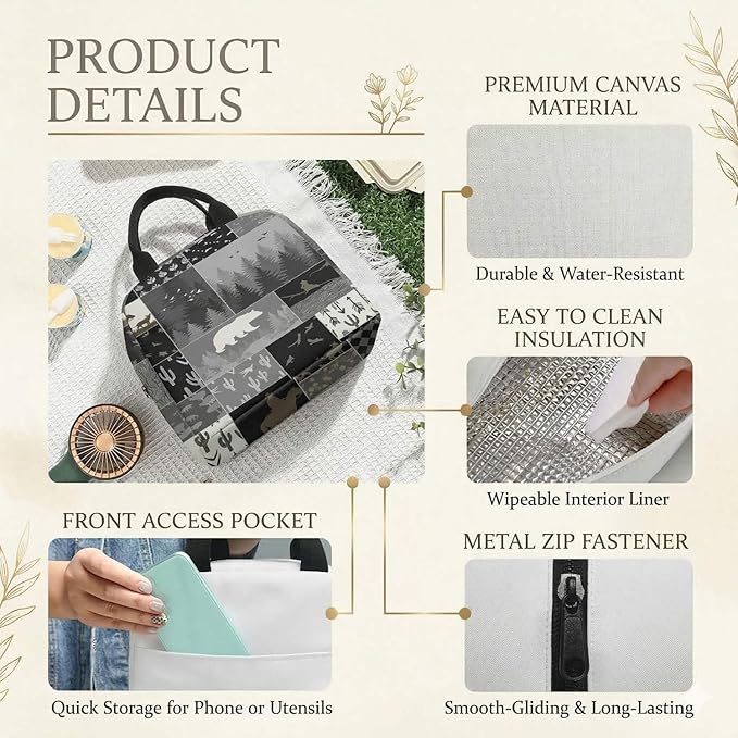 Western Retro Denim Insulated Lunch Bag Bear Deer Bird Nature Landscape Cactus Thermal Tote Portable Size (01)