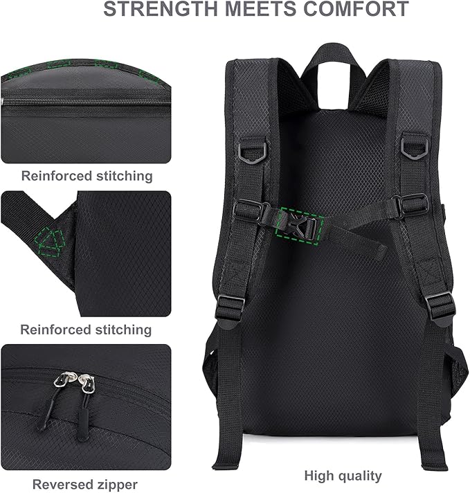 Lightweight Hiking Backpack 30L Packable Foldable Daypack Collapsible Travel Bag Water-Resistant for Women Men (Black)