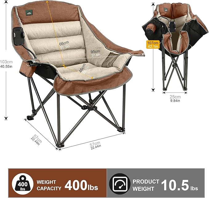 Northroad Oversized XL Padded Camping Chair w/Cell Phone Holder, Large Camp Chair, Foldable Lawn Chair w/Cup Holder,Carry Bag for Outdoor Hiking, Picnics, Heavy-Duty 400-lbs Capacity, Moca