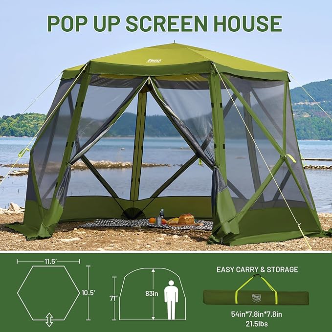 TIMBER RIDGE Easy Pop Up Gazebo Canopy Tent for Camping, 11.5 X 9.8 Ft Portable Instant Screenhouse, Pop Up Screened in Canopy with Netting for Backyard, Patio, Outdoor, Tailgating, Picnics, Green